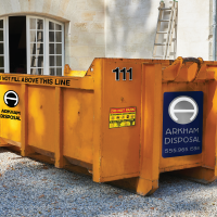 Waste disposal decals including company id, instructional labels, numbered decals and warning labels